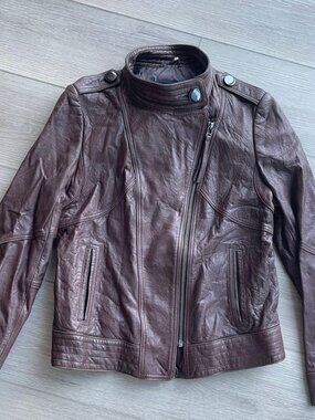 Vintage brown leather moto jacket with asymmetric zip and snap collar